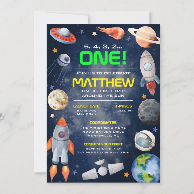 Outer Space First Birthday Invitation Inbjudningar (Framsida)