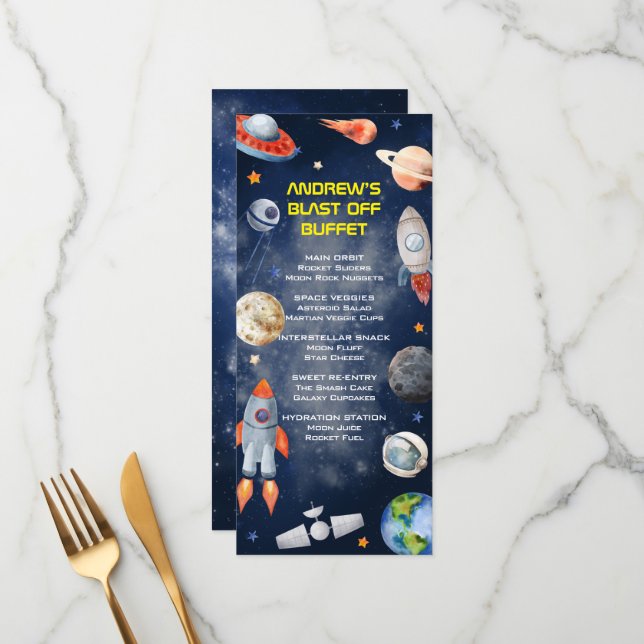Outer Space First Birthday Menu Meny (Fram/Back In Situ)