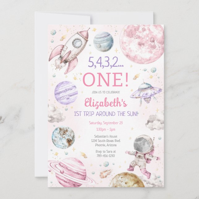 Outer Space First Trip Around The Sun 1st Birthday Inbjudningar (Framsida)