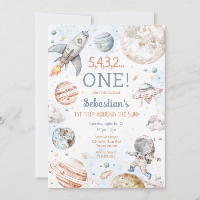 Outer Space First Trip Around The Sun 1st Birthday Inbjudningar (Framsida)