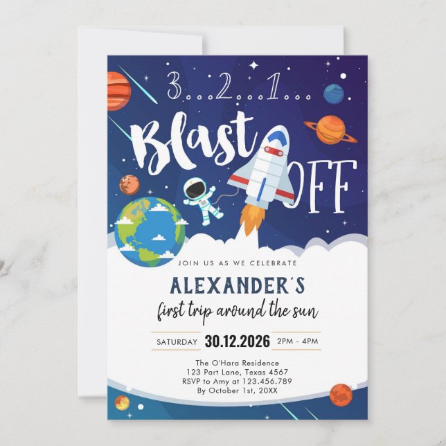 Outer Space First Trip Around the Sun 1st Birthday Inbjudningar (Framsida)