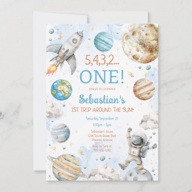 Outer Space First Trip Around The Sun 1st Birthday Inbjudningar (Framsida)
