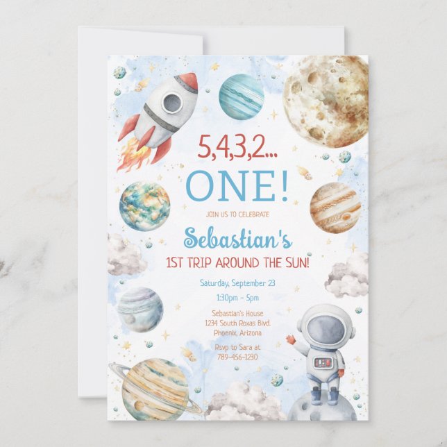 Outer Space First Trip Around The Sun 1st Birthday Inbjudningar (Framsida)