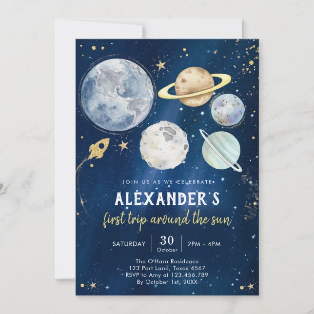 Outer Space First Trip Around the Sun 1st Birthday Inbjudningar (Framsida)