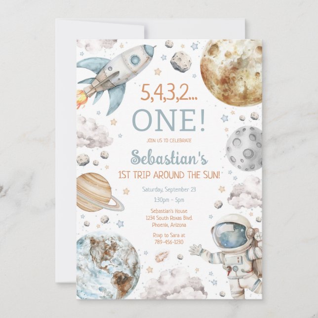 Outer Space First Trip Around The Sun 1st Birthday Inbjudningar (Framsida)