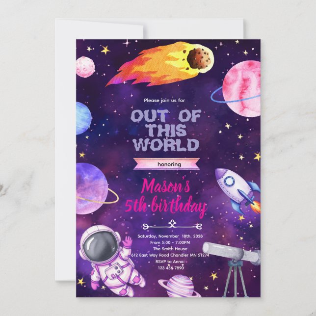 Outer space girl theme invitation inbjudningar (Framsida)