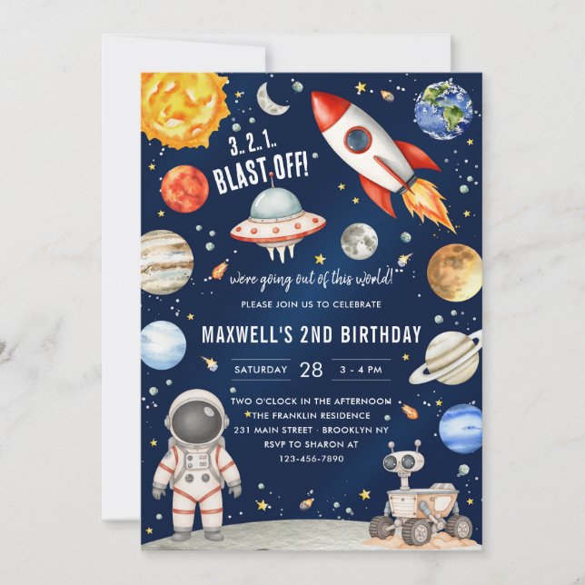 Outer Space Planets Astronaut Boy Birthday Inbjudningar (Framsida)