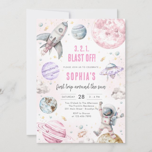 Outer Space Planets Astronaut Girl Birthday Inbjudningar (Framsida)