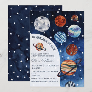 Outer Space Planets Navy Blue Boy Baby Shower Inbjudningar