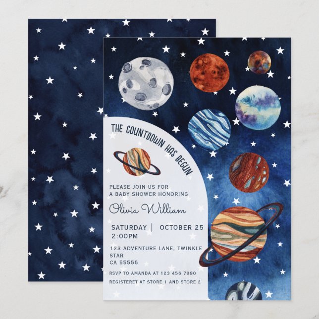 Outer Space Planets Navy Blue Boy Baby Shower  Inbjudningar (Fram/baksida)