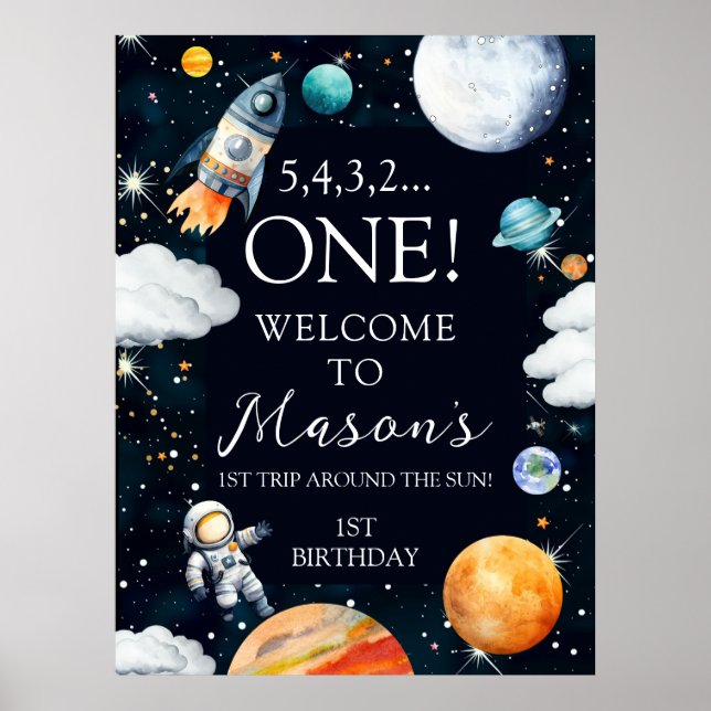 Outer Space Rocket Astronaut 1st Birthday Welcome Poster (Framsidan)
