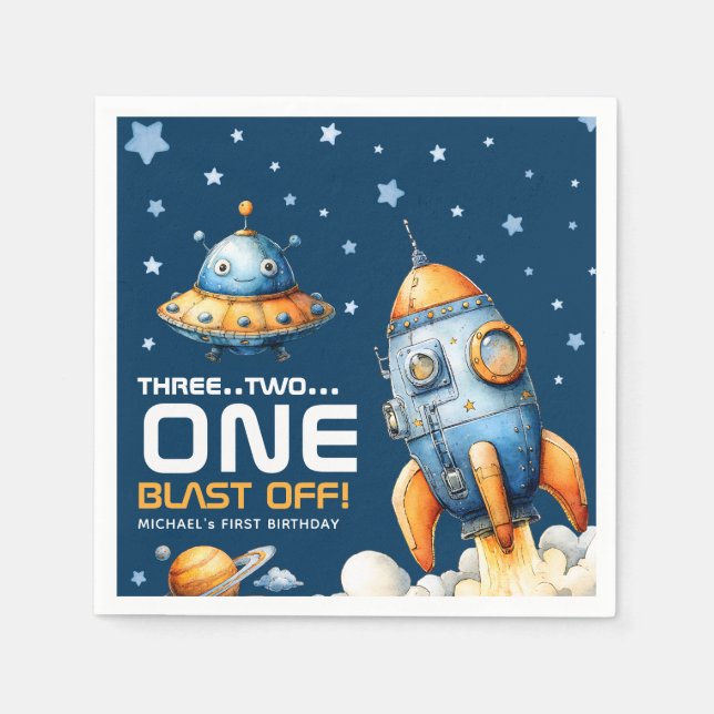 Outer Space Rocket Launch Blast Off 1st Birthday Pappersservett (Framsidan)
