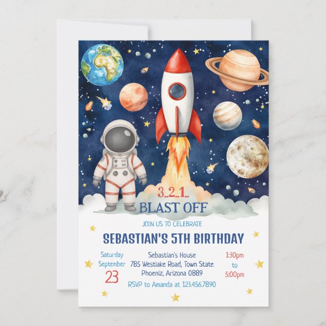 Outer Space Rocket Ship Astronaut Galaxy Birthday  Inbjudningar (Framsida)