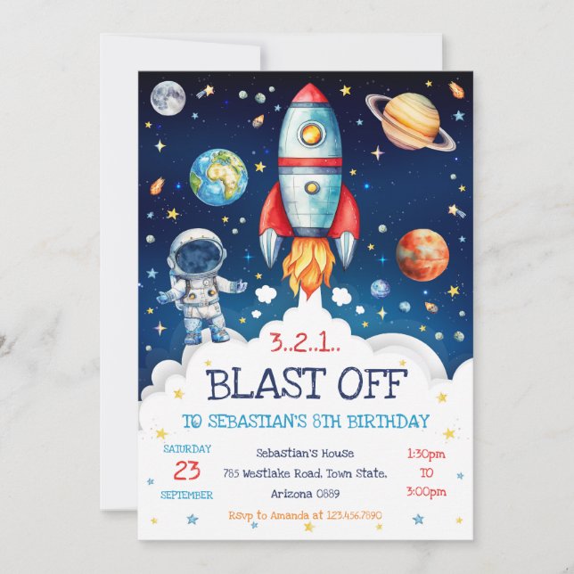 Outer Space Rocket Ship Astronaut Galaxy Birthday  Inbjudningar (Framsida)