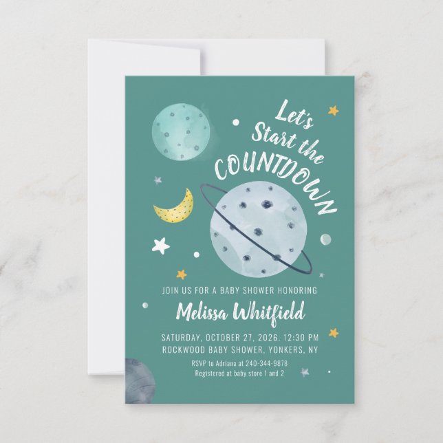 Outer Space Watercolor Script Planeter Baby Shower Inbjudningar (Framsida)
