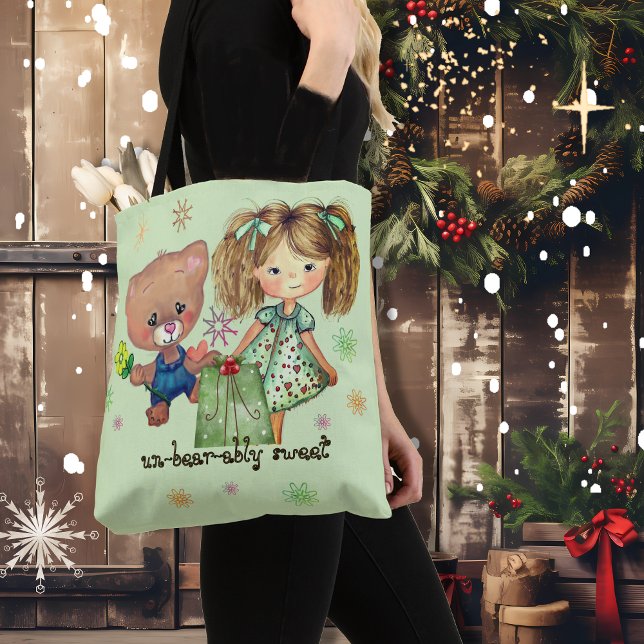 Outhärdligt Sweet Girl and Nalle Tygkasse (Unbearably Sweet Girl and Teddy Bear Tote Bag)