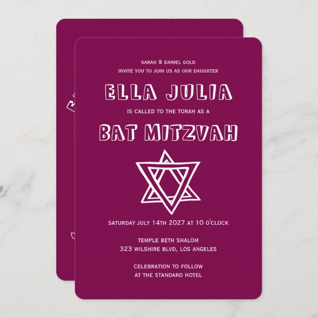 OUTLINE BREV STAR OF DAVID Anpassningsbar Bat mitz Inbjudningar (Fram/baksida)