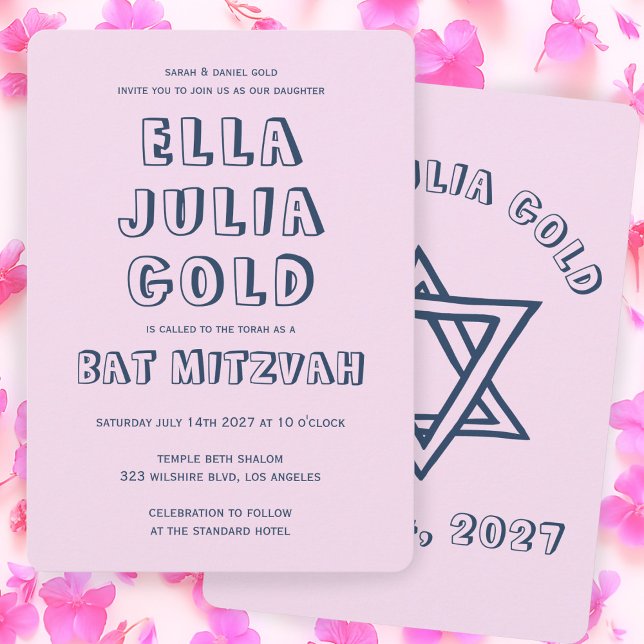 OUTLINE BREV STAR OF DAVID Anpassningsbar Bat mitz Inbjudningar (OUTLINE LETTERS STAR OF DAVID Custom Pink Bat Mitzvah Invitation
)
