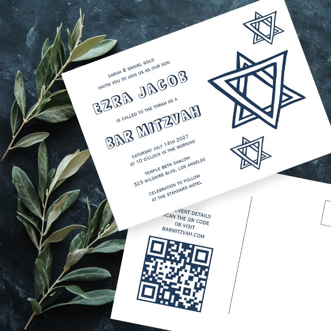 OUTLINE BREV STAR of DAVID Anpassningsbar QR PUB M Vykort (OUTLINE LETTER STAR of DAVID Custom QR Code BAR BAT Mitzvah Postcard
)