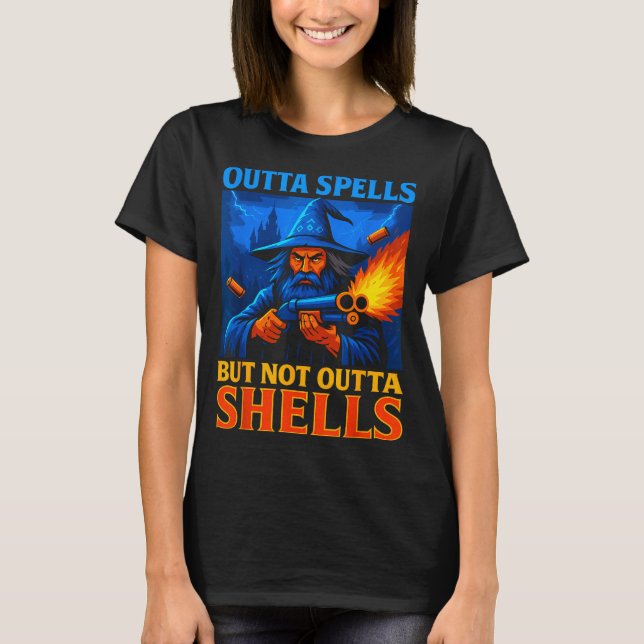 Outta Spells But Not Outta Shells Wizard Fantasy M T Shirt (Framsida)