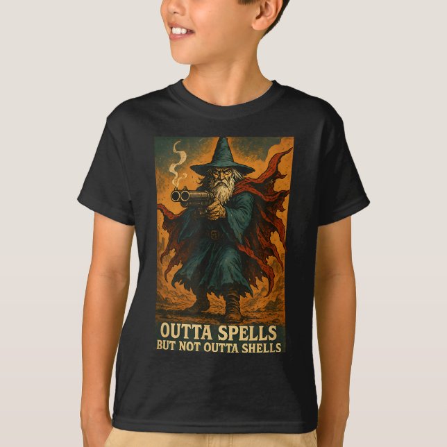 Outta Spells But Not Outta Shells Wizard Fantasy M T Shirt (Framsida)