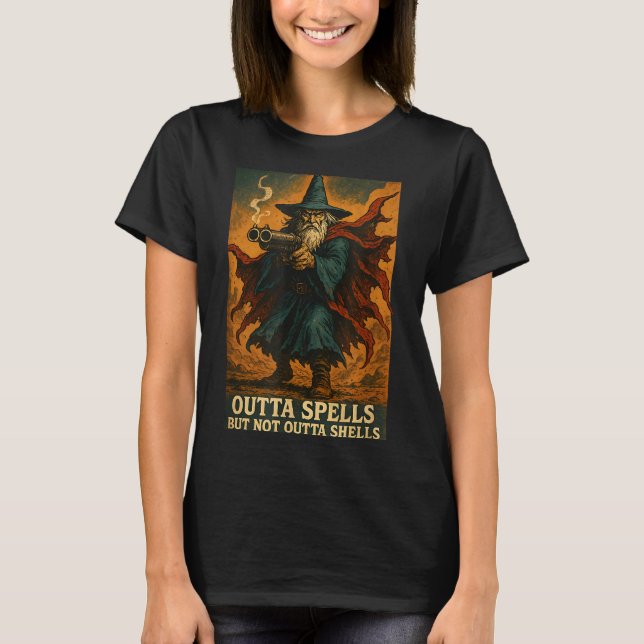 Outta Spells But Not Outta Shells Wizard Fantasy M T Shirt (Framsida)