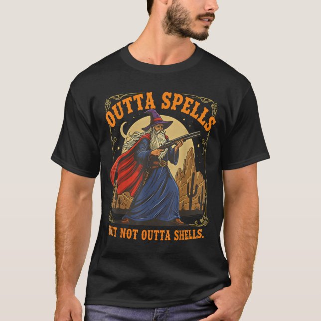 Outta Spells But Not Outta Shells Wizard Fantasy M T Shirt (Framsida)