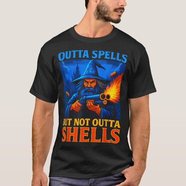 Outta Spells But Not Outta Shells Wizard Fantasy M T Shirt (Framsida)