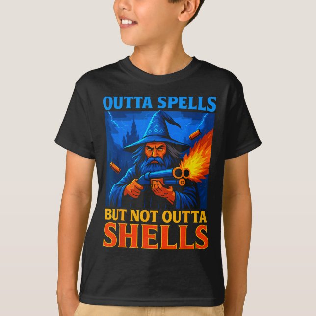 Outta Spells But Not Outta Shells Wizard Fantasy M T Shirt (Framsida)