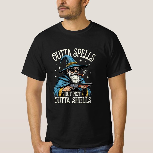 Outta Spells But Not Outta Shells Wizard Fantasy  T Shirt (Framsida)