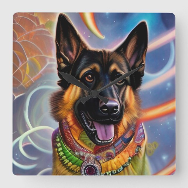 Outta The World Trippy German Shepherd Fyrkantig Klocka (Framsida)
