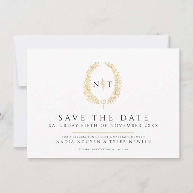 Oval av löv svartvit foto bröllop spara datumet (Framsida)