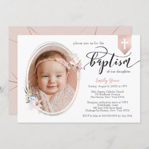 Oval Blommigt Photo Ro Guld Banner Baptism Inbjuda Inbjudningar