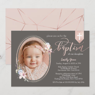 Oval Blommigt Photo Ro Guld Banner Baptism Inbjuda Inbjudningar