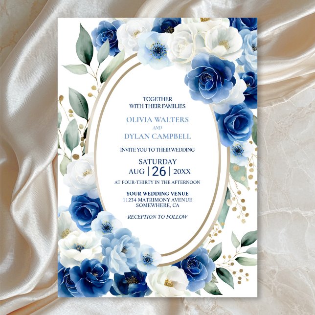 Oval Blue Blommigt Bröllop Inbjudningar (Skapare uppladdad)