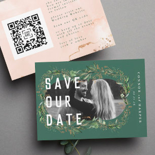 Oval Boho fet QR-kod Modern Leafy Golden Photo Spara Datumet