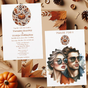 Oval Fall Pumpkin Groovy Boho Rusty Brown Bröllop Inbjudningar