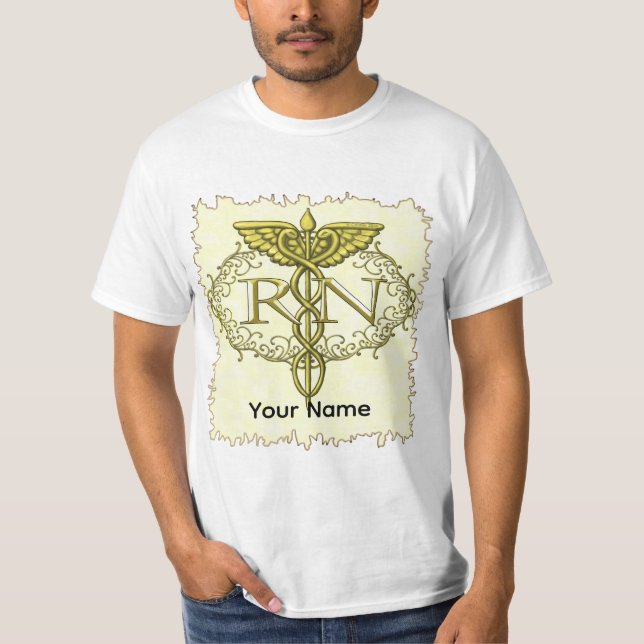 Oval Gold Caduceus RN Nurse T Shirt (Framsida)