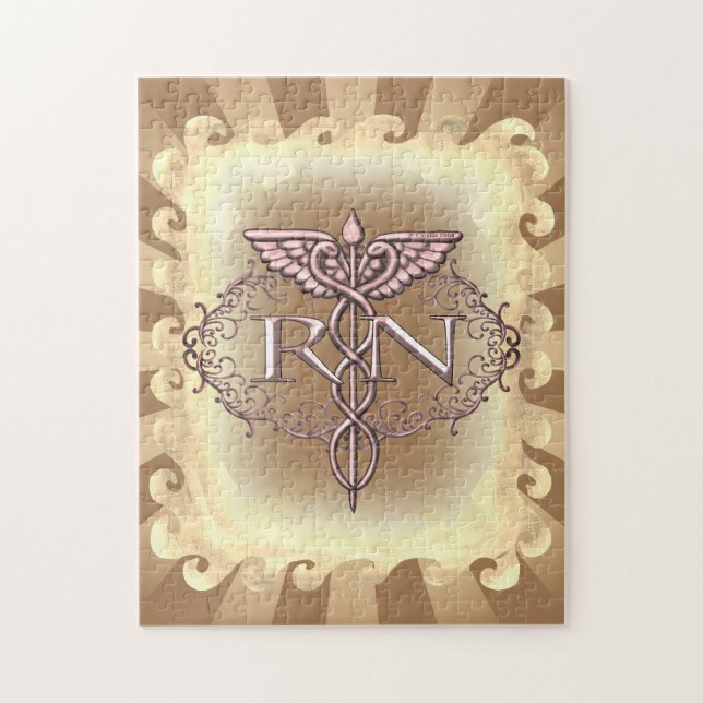 Oval Guld Caduceus RN Nurse Pussel (Vertikal)