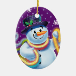Oval Julgran dekoration Snögubbe och tinsel.
