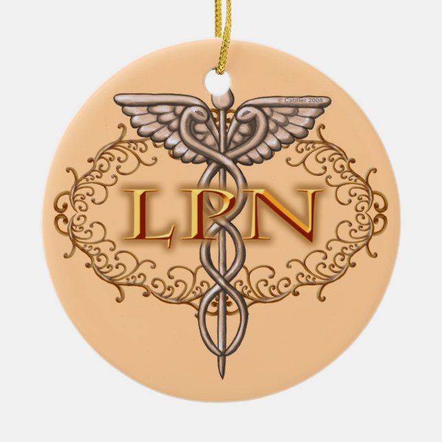 Oval koppar Caduceus LPN Nurse Julgransprydnad Keramik (Framsidan)