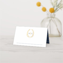 Oval löv monogram blå guld-vit bröllop placeringskort