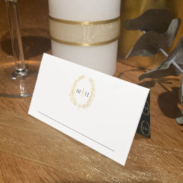 Oval löv monogram svart guld vit bröllop placeringskort