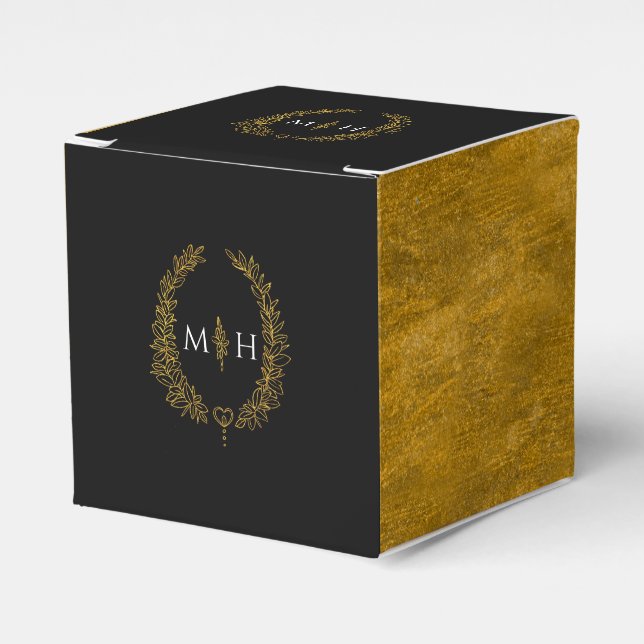 Oval löv monogram svart guld vit bröllop presentaskar (Framsidan Sidan)