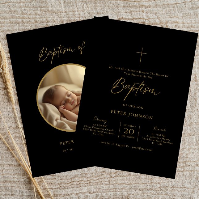 Oval Photo Black & Guld Kön Neutral Baptism Inbjudningar (Skapare uppladdad)