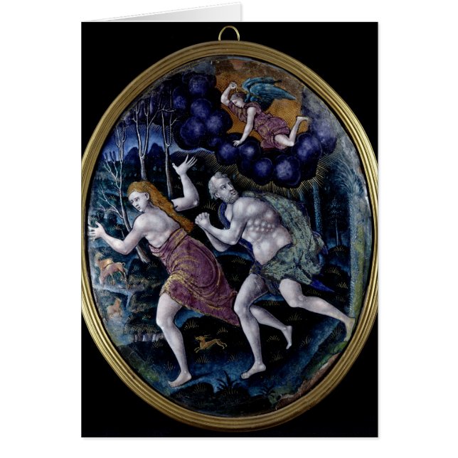 Oval plaque som skildrar Adam och Kväll Hälsningskort (Framsidan)
