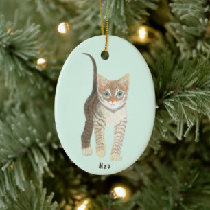 Oval prydnad med tabbykatt julgransprydnad keramik