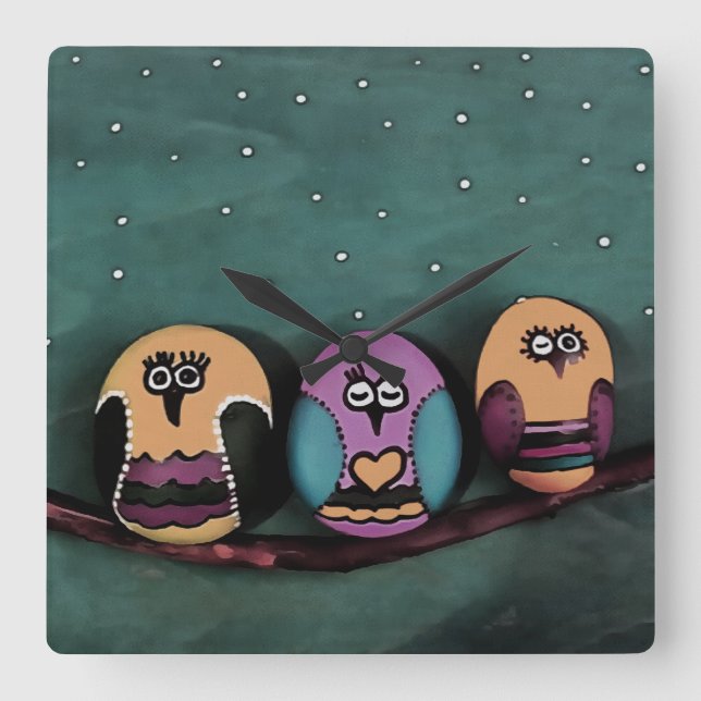 Oval Shaped Uggla mot Primitive Art NightSky Fyrkantig Klocka (Framsida)