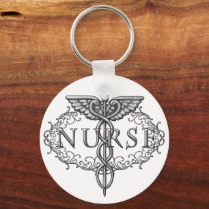 Oval Silver Caduceus Nurse Keychain Nyckelring