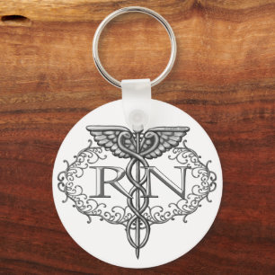 Oval Silver Caduceus RN Nurse Basic Round Keychain Nyckelring